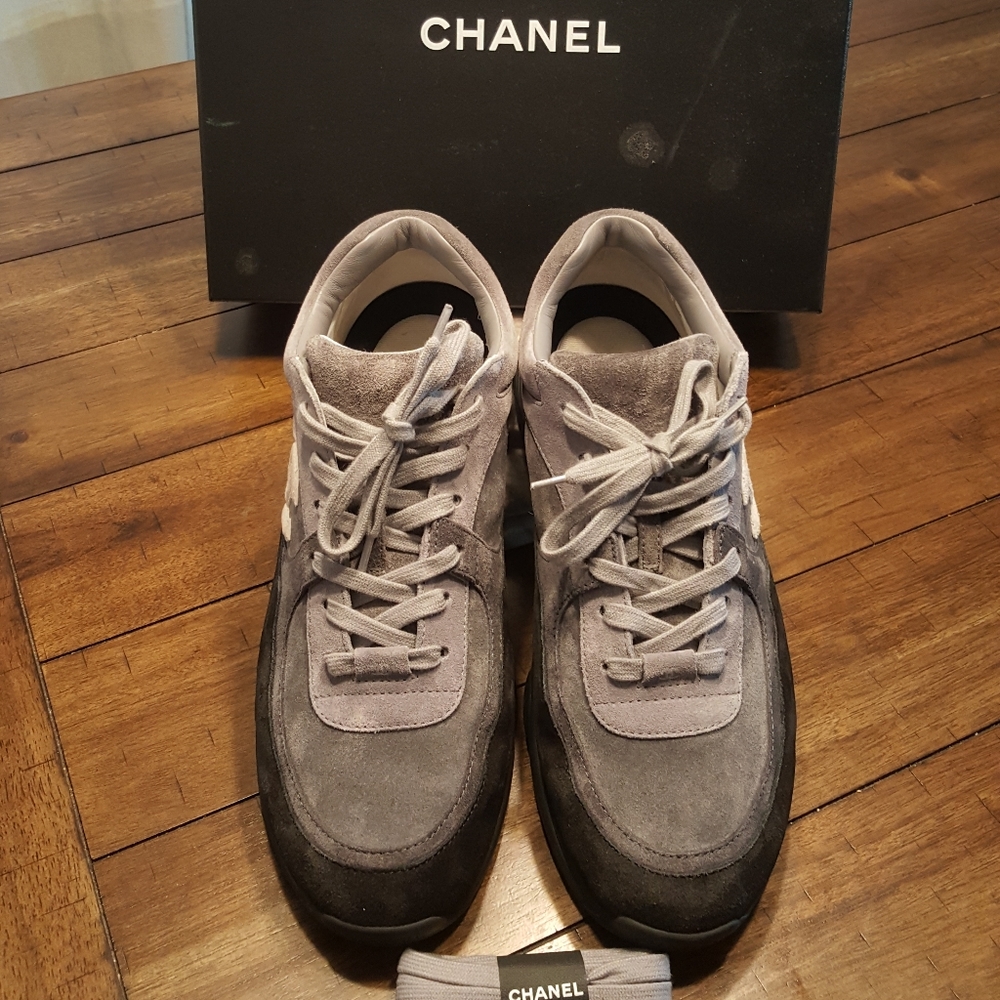 CHANEL black &  grey suede calfskin sneakers